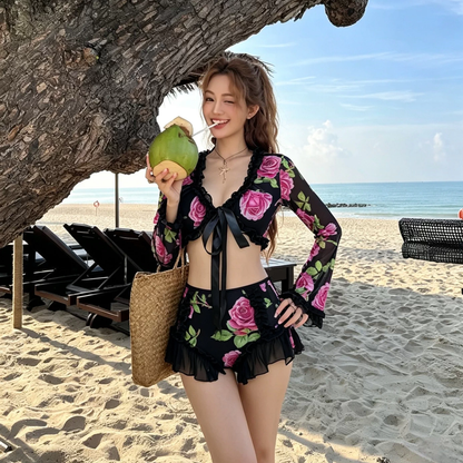 【インナー】ローズ柄ビキニ レディース 長袖水着 深Vネック セパレート リゾート【SHシリーズ】