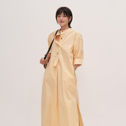 【ワンピース】韓国風 半袖 イエローシャツワンピース レディース 襟付き ウエストリボン スリット入り ロング丈【JZシリーズ】
