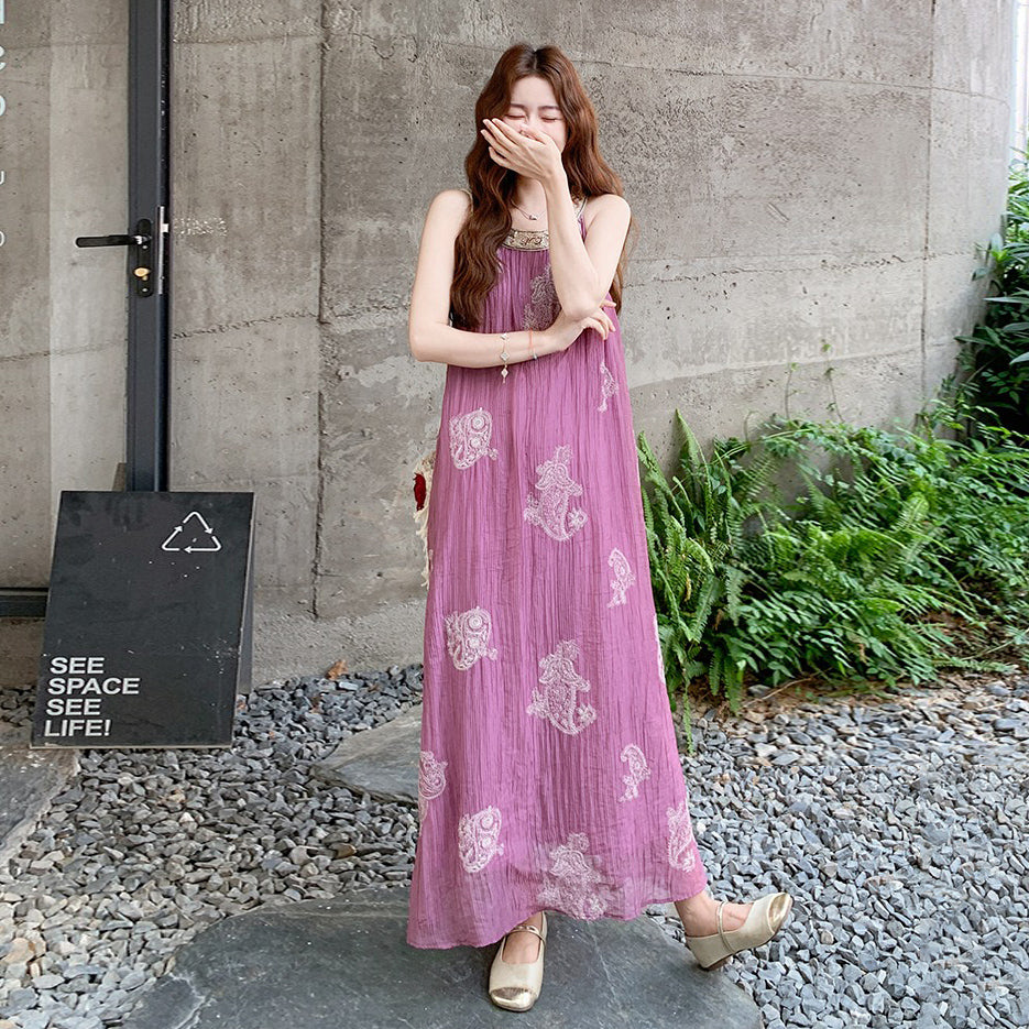 【ワンピース】夏 フレンチ風 ビーチリゾート 旅行  重工刺繍 ビーズ装飾 ノースリーブワンピース【SHシリーズ】