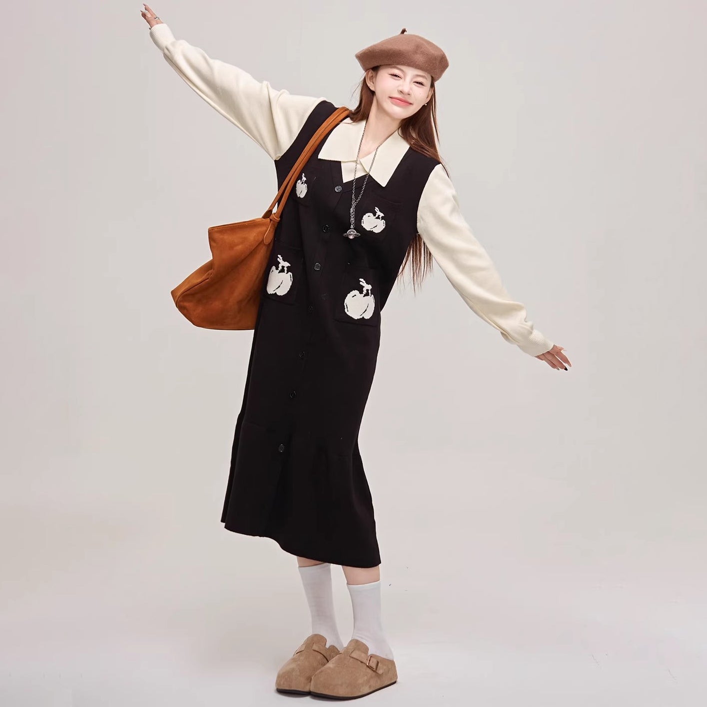 【ワンピース】🍒チェリーデザイン♡ツーピース風ニット長袖ワンピース  冬 レディース 高級感【JZシリーズ】