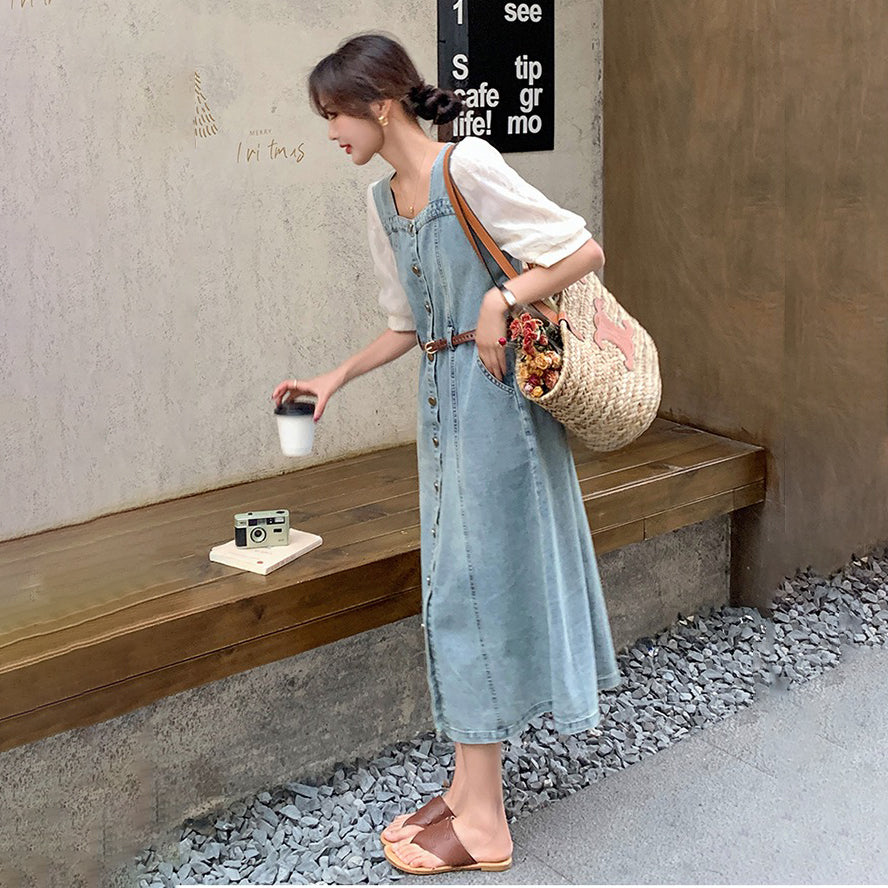 【ワンピース】ウエストマークで細見え デニム 半袖 ワンピース 夏 カジュアル＆甘めフェミニンスタイル【JZシリーズ】