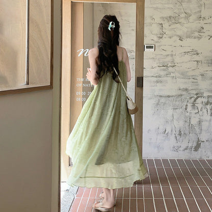 【ワンピース】グリーン ダブルレイヤー 小花柄 キャミワンピース 夏 レディース フェミニン リゾートワンピ【SHシリーズ】