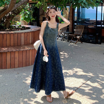 【ワンピース】デニム風プリント ノースリーブワンピース 体型カバー＆美シルエットが叶う大人可愛い一枚【SHシリーズ】