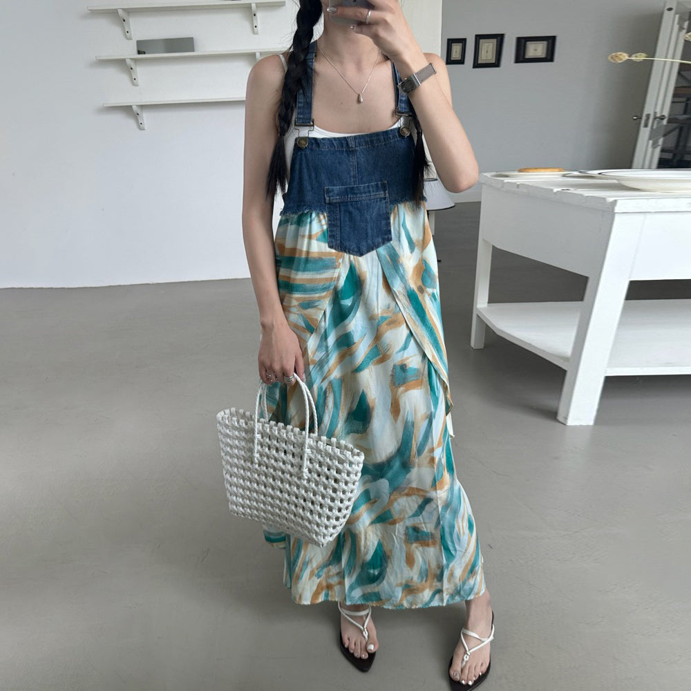 【ワンピース】夏新作 デザイン感たっぷり デニム切り替え シフォン花柄ノースリーブワンピース【SHシリーズ】