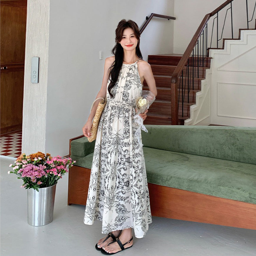 【ワンピース】フレンチ高級感 水墨画風プリント ホルターオフショル ノースリーブワンピース【SHシリーズ】