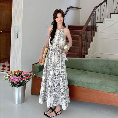 【ワンピース】フレンチ高級感 水墨画風プリント ホルターオフショル ノースリーブワンピース【SHシリーズ】