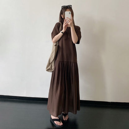 【ワンピース】夏新作 レイヤード風 ワンピース リヨセル素材 ハイウエスト 体型カバー ゆったり 半袖 ロングドレス【FCシリーズ】