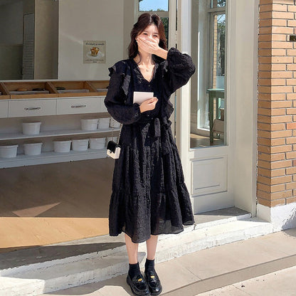 【ワンピース】フレンチ風長袖ワンピース レディース Vネック フリル切り替え ウエストマーク ロング丈 上品 秋コーデ【JZシリーズ】