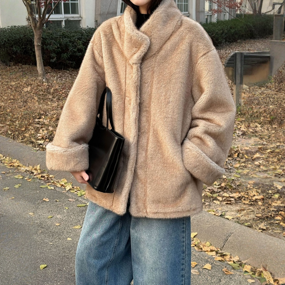【アウター】エコミンク風ファー 春 秋 冬 立ち襟 フェイクファー スエード調裏地 もこもこ コート 【JZシリーズ】