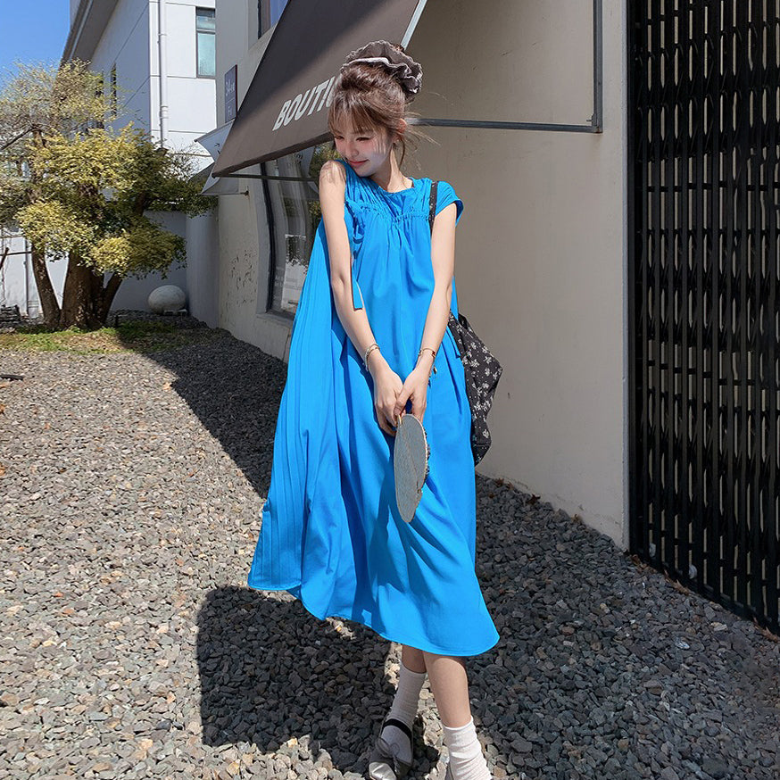 【ワンピース】韓国風 無地ルーズ ノースリーブワンピース 夏 抽紐デザイン ビーチリゾートロングドレス【JZシリーズ】