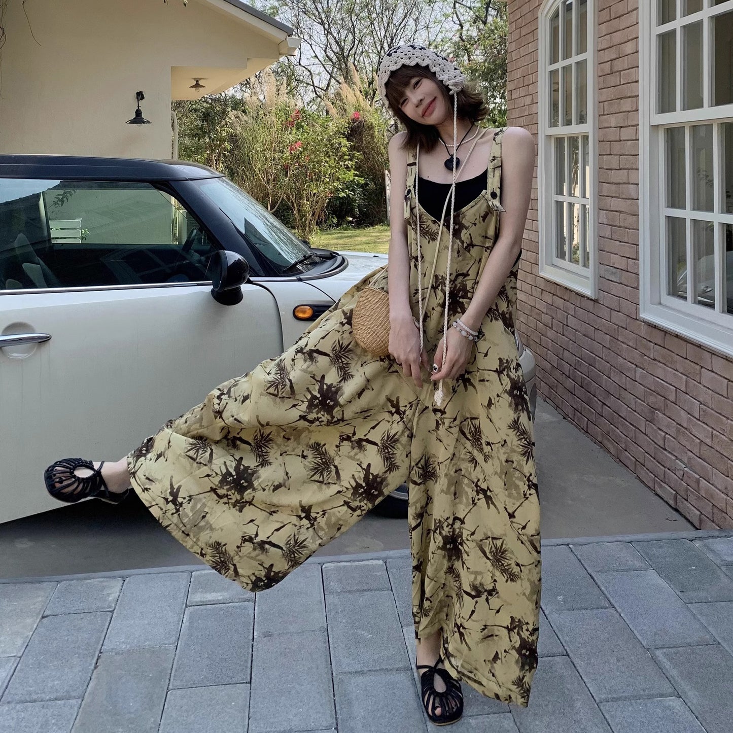 【ボトムス】夏 涼しげで肌映え ゆったりカジュアル 染め柄キャミオールインワン【SHシリーズ】