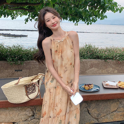 【ワンピース】イエロー 小花柄 ノースリーブ ホルターネック レディース 夏 フェアリー風 バカンス ワンピース【SHシリーズ】