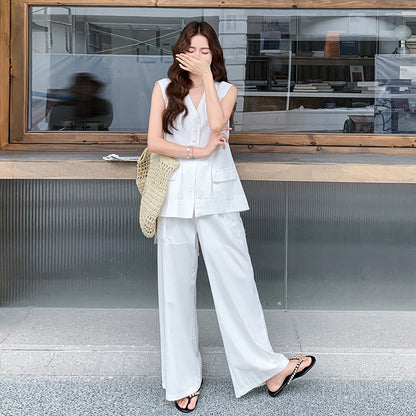 2点セット！【セットアップ】夏 通勤 レース切替 バックレス ベスト＋ワイドパンツ 上下セット【JZシリーズ】【SNシリーズ】