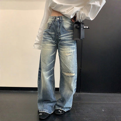 【ボトムス】ダメージ ストレート ヴィンテージ加工 デニムパンツ 【FCシリーズ】