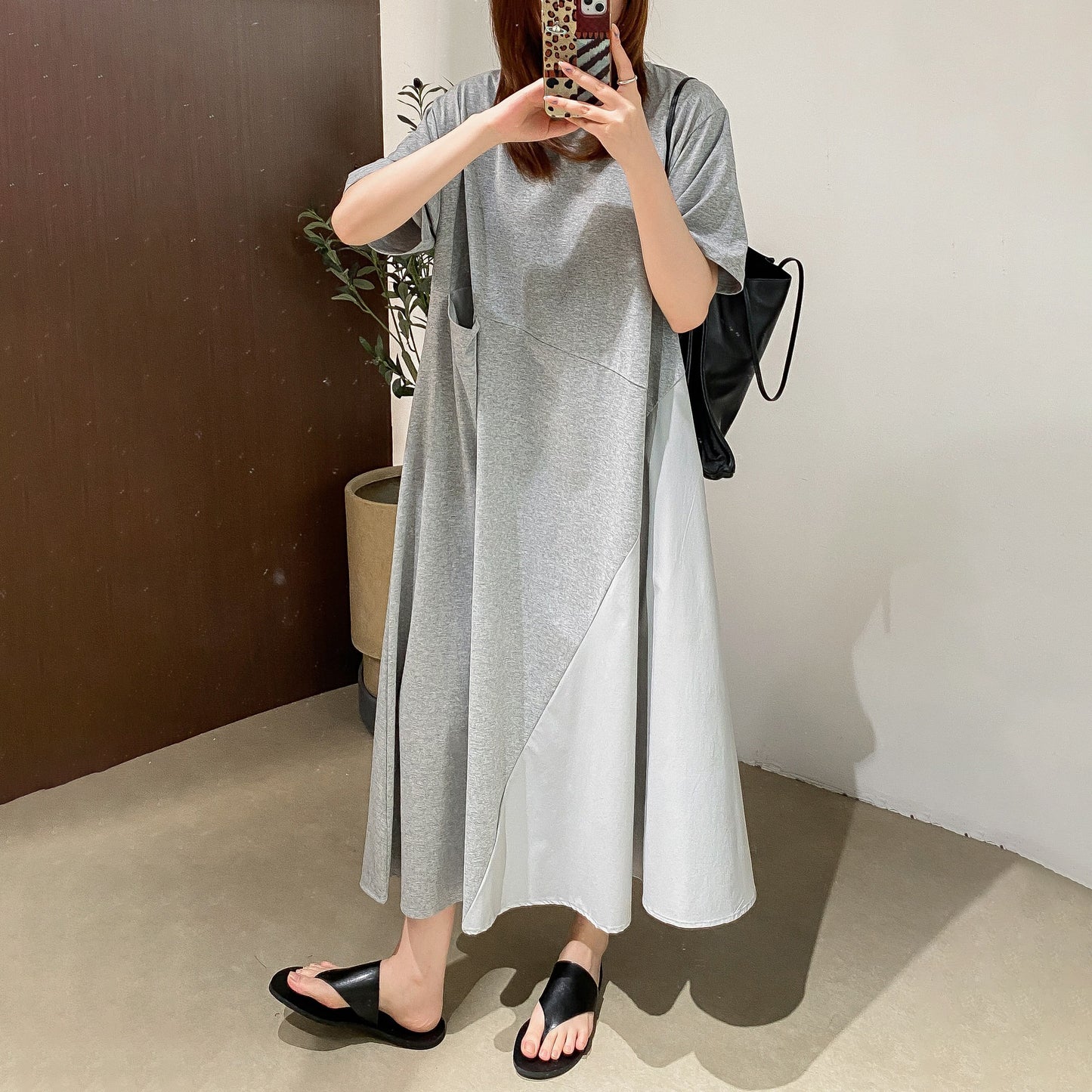 【ワンピース】カジュアル 斜め切替 シングルポケット 半袖Tシャツワンピース ゆったり ロング丈 夏新作【JZシリーズ】