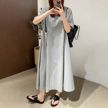 【ワンピース】カジュアル 斜め切替 シングルポケット 半袖Tシャツワンピース ゆったり ロング丈 夏新作【JZシリーズ】