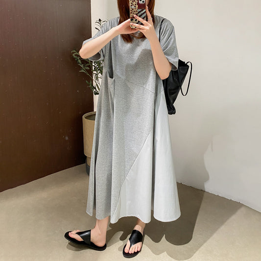 【ワンピース】カジュアル 斜め切替 シングルポケット 半袖Tシャツワンピース ゆったり ロング丈 夏新作【JZシリーズ】
