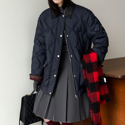 【アウター】高品質 ホワイトグースダウン90％ ダウンコート レディース レトロ 菱形キルティング レザー襟 冬【JZシリーズ】