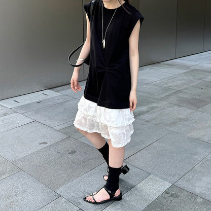 【ワンピース】夏新作 韓国風ウエストマーク切り替え デザイン感 レース ノースリーブワンピース【JZシリーズ】