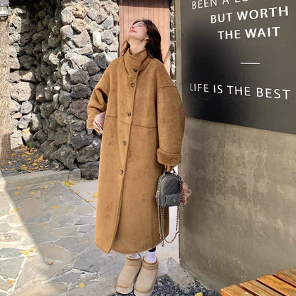 【アウター】韓国風 リバーシブル スエード調 × シープボア ロング丈 レディース 冬 新作 綿入れコート【JZシリーズ】