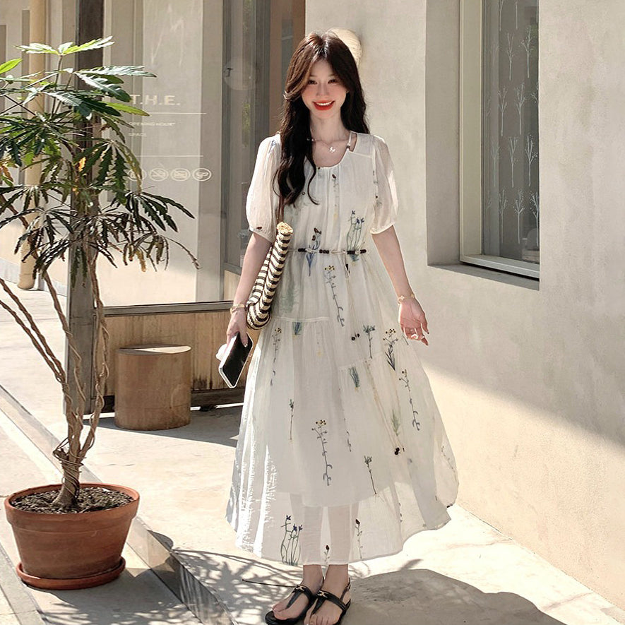 【ワンピース】半袖ワンピース レディース ボタニカルプリント パフスリーブ フレアワンピース ロング丈 リゾート風 ナチュラル【SHシリーズ】