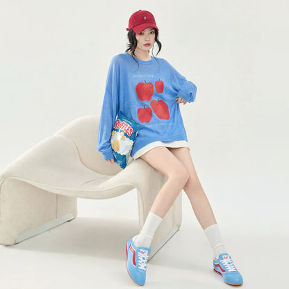 【トップス】🍎ブルーアップル柄ニットトップス レディース 秋新作 長袖 薄手 ゆったり 韓国風 Tシャツ【FCシリーズ】