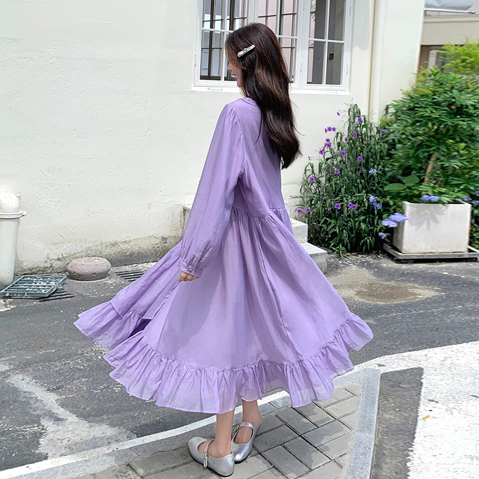 【ワンピース】パープル 超可愛い フリル 長袖ワンピース レディース 秋新作 デザイン感 優しい風 若見え ロングワンピ【JZシリーズ】