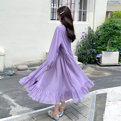 【ワンピース】パープル 超可愛い フリル 長袖ワンピース レディース 秋新作 デザイン感 優しい風 若見え ロングワンピ【JZシリーズ】