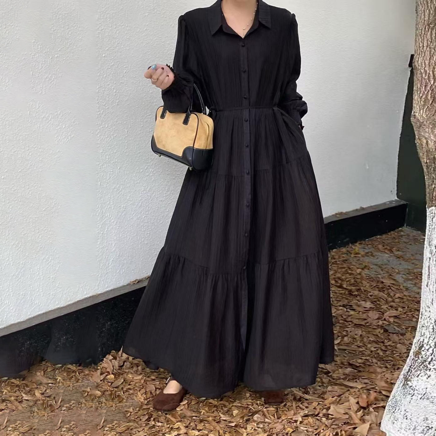 【ワンピース】7カラー 韓国風 ゆったり 大きめサイズ シングルボタン エレガント 長袖ワンピース