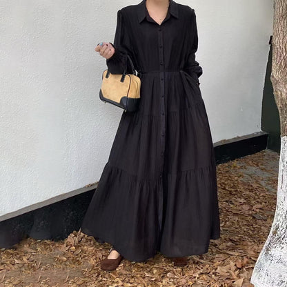 【ワンピース】7カラー 韓国風 ゆったり 大きめサイズ シングルボタン エレガント 長袖ワンピース