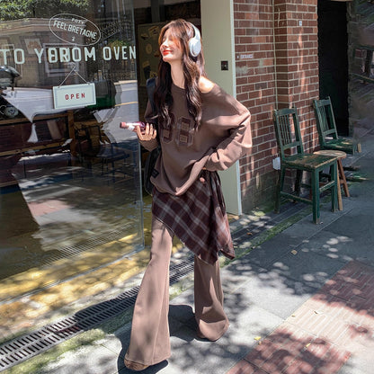 2点セット!【セットアップ】ブラウン 韓国風 カジュアル ロゴスウェット＋チェックワイドパンツ 上下セット【JZシリーズ】