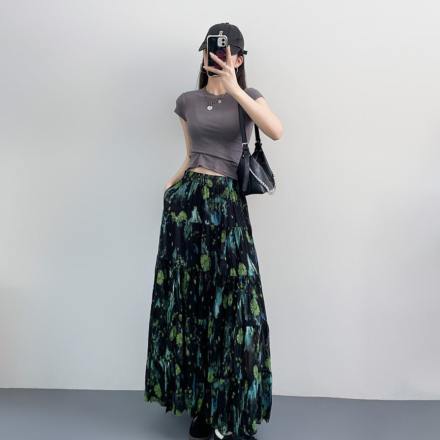 【ボトムス】ポケット付き花柄 Aラインスカート レディース 春秋 ロングスカート プリーツ ミディ丈【SHシリーズ】