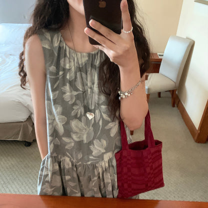 【ワンピース】夏 フロッキープリント プリント 	ヴィンテージ風 花柄 ノースリーブ ワンピース 【SHシリーズ】