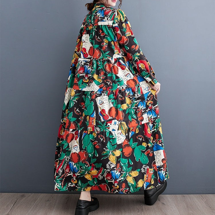 【ワンピース】春 秋 冬 プリント ルーズ ミディ丈 ワンピース 【SHシリーズ】