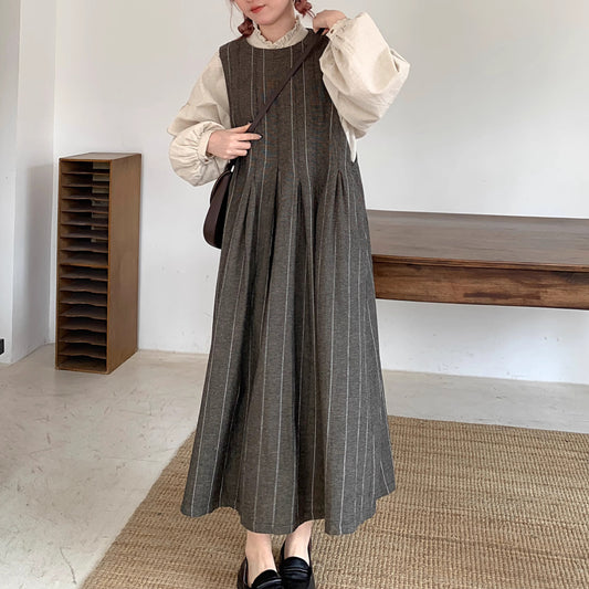 【24AW】【ワンピース】レトロ 重ね着でおしゃれ ストライプ柄 ノースリーブワンピース