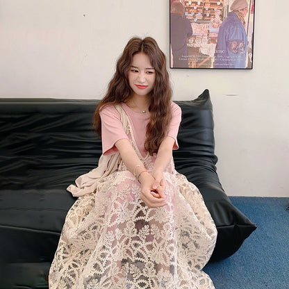 2点セット！【セットアップ】夏新作 シアーシャツ＋Tシャツワンピース レイヤード風 ゆったり 体型カバー カジュアル きれいめ【SHシリーズ】