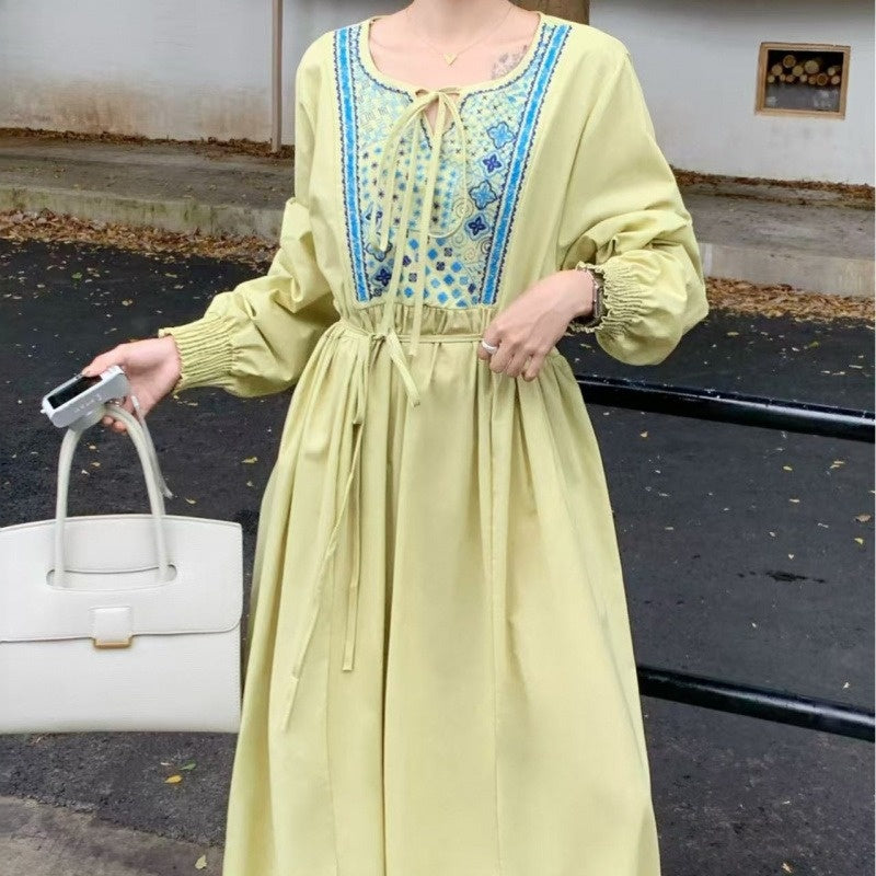 【ワンピース】春 秋 刺繍 ルーズ エレガント 花柄 長袖 ワンピース 【SHシリーズ】