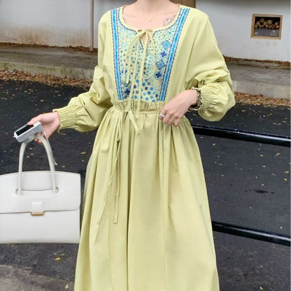 【ワンピース】春 秋 刺繍 ルーズ エレガント 花柄 長袖 ワンピース 【SHシリーズ】