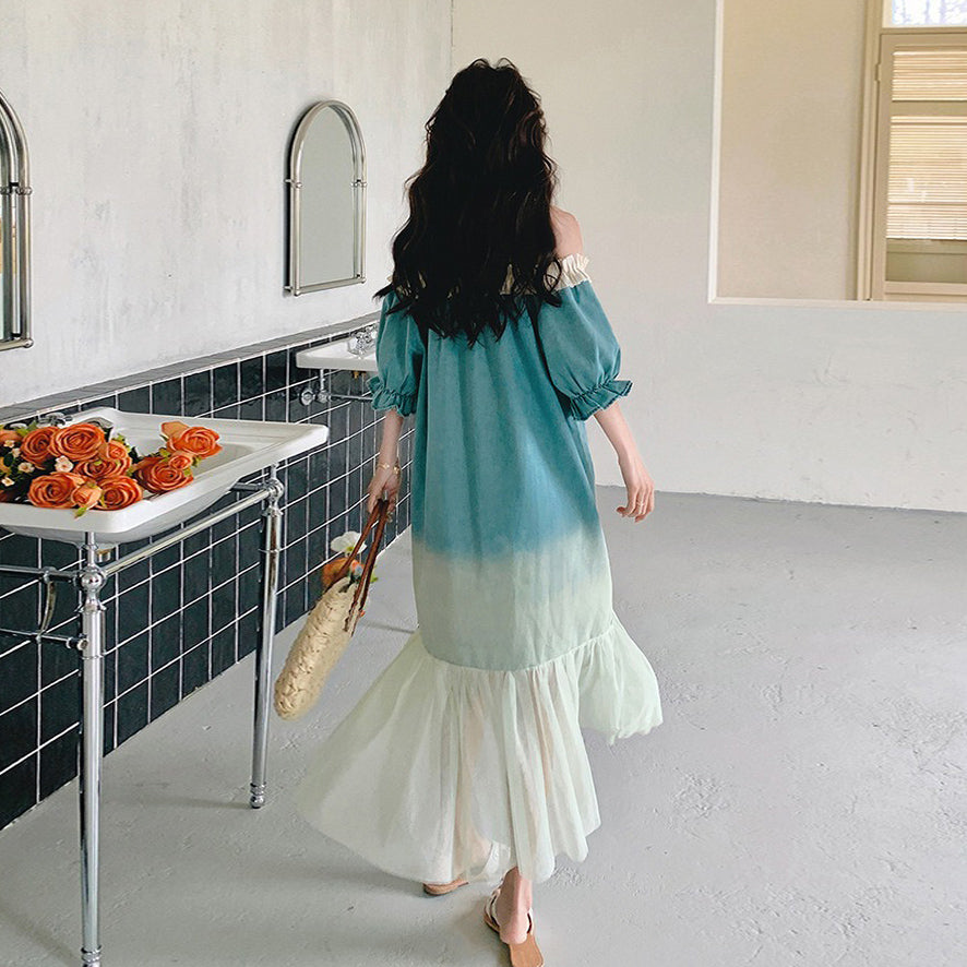 【ワンピース】夏 フレンチ温柔風 スウィート オフショルダーグラデーション 半袖ワンピース【SHシリーズ】