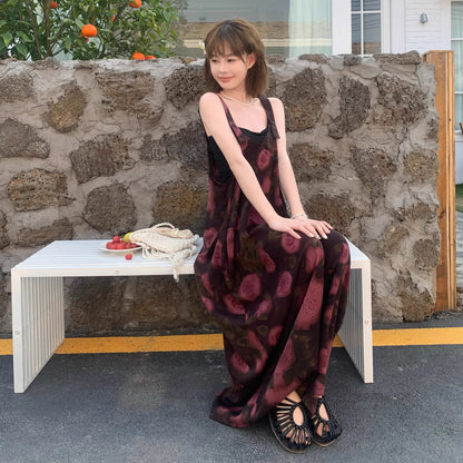 【ボトムス】夏新作 リラックス感たっぷり 山茶ローズ柄 オーバーサイズサロペット ゆった オールインワン【SHシリーズ】
