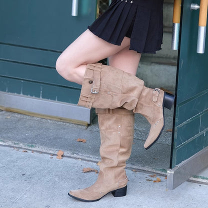 【シューズ】ポインテッドトゥ 太め筒囲 ハイヒール くしゅくしゅブーツ ヴィンテージ 西部カウボーイブーツ レディース