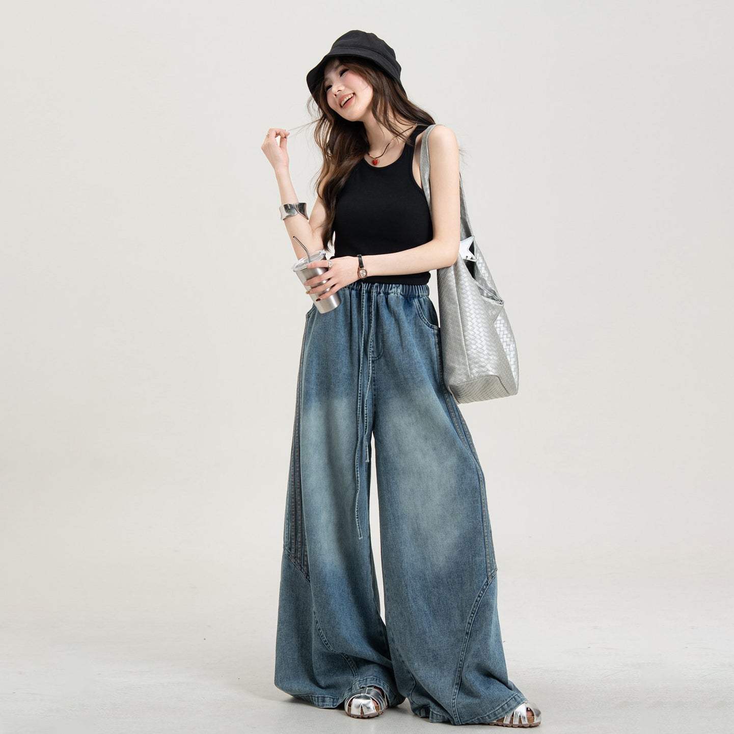 【ボトムス】ヴィンテージ デニムパンツ レディース ストライプ切替 ワイドシルエット ルーズフィット 春夏【JZシリーズ】
