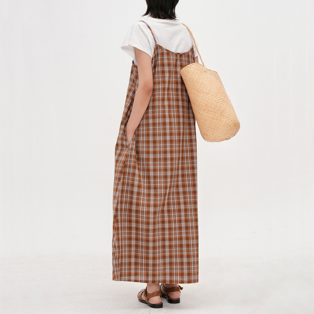 【ワンピース】【15～18日内発送】夏 レトロチェック柄 リボン付き ベスト ノースリーブ ワンピース 【JZシリーズ】