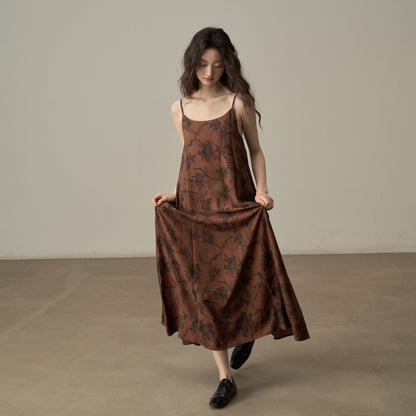 【ワンピース】新中式 ヴィンテージ高級感 プリント 柔らかい素材 リゾート風 ノースリーブワンピース【SHシリーズ】