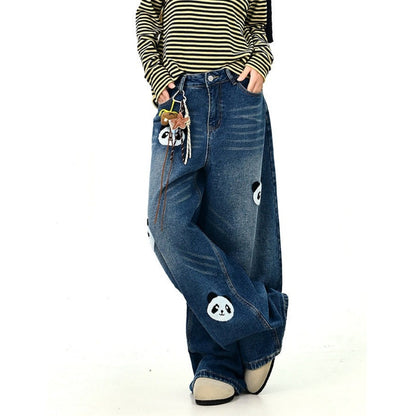 🎁ご注文でチャームプレゼント！【ボトムス】アメリカンスタイル 🐼パンダ刺繍 裏起毛 デニム パンツ【FCシリーズ】