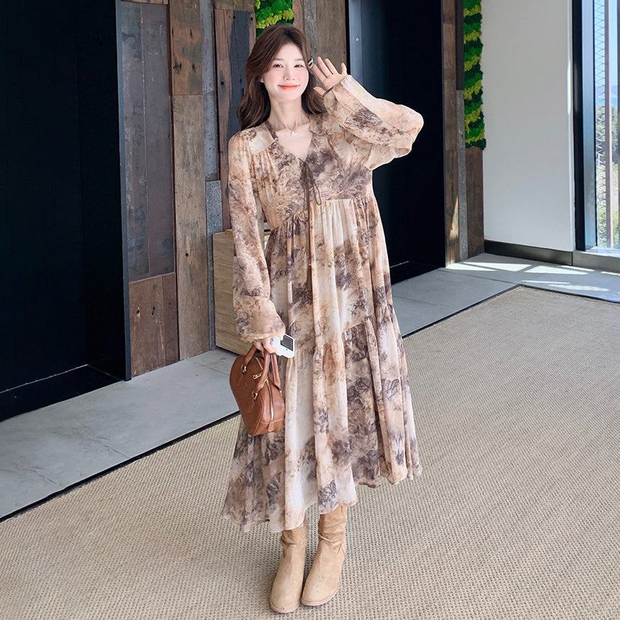 【ワンピース】タイダイ風 花柄シフォン 長袖ワンピース｜Aライン ロングドレス【SHシリーズ】