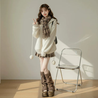 【セットアップ】無地 ホワイト セーター + プリーツ ショート スカート 2点上下セット 【JZシリーズ】