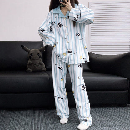 【インナー】かわいいパンダ ストライプ柄 アイランドフリース 薄手 ルームウェア レディース 秋冬