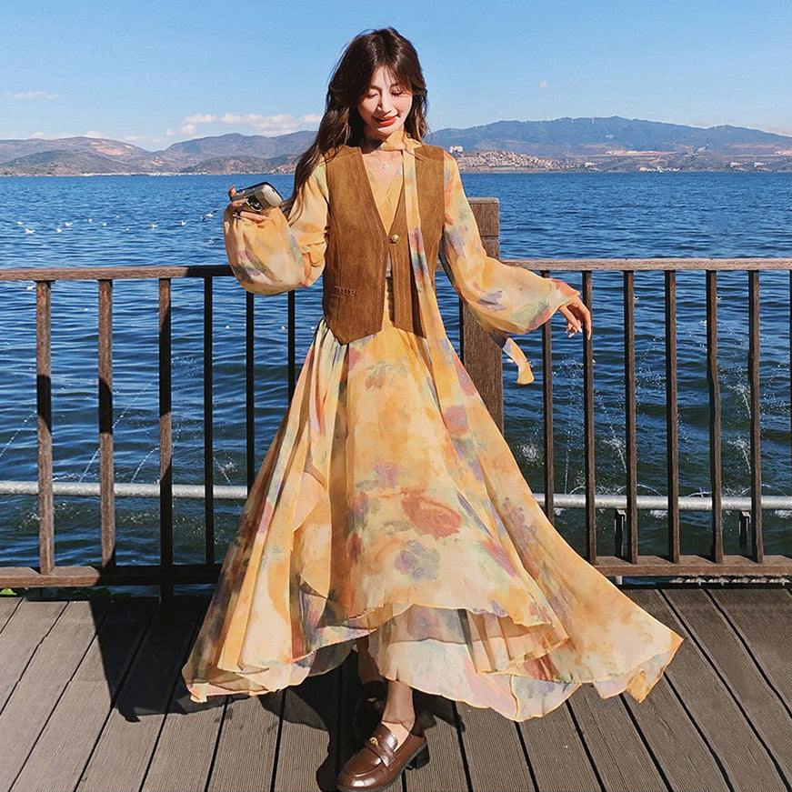 【セットアップ】ベスト付き 花柄フレア 長袖ワンピース セット 春秋 海辺リゾート 高級感【SHシリーズ】