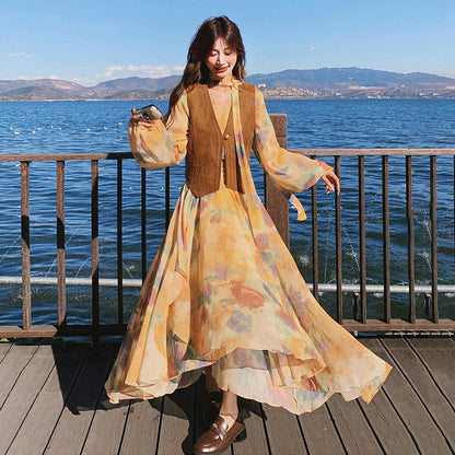 【セットアップ】ベスト付き 花柄フレア 長袖ワンピース セット 春秋 海辺リゾート 高級感【SHシリーズ】